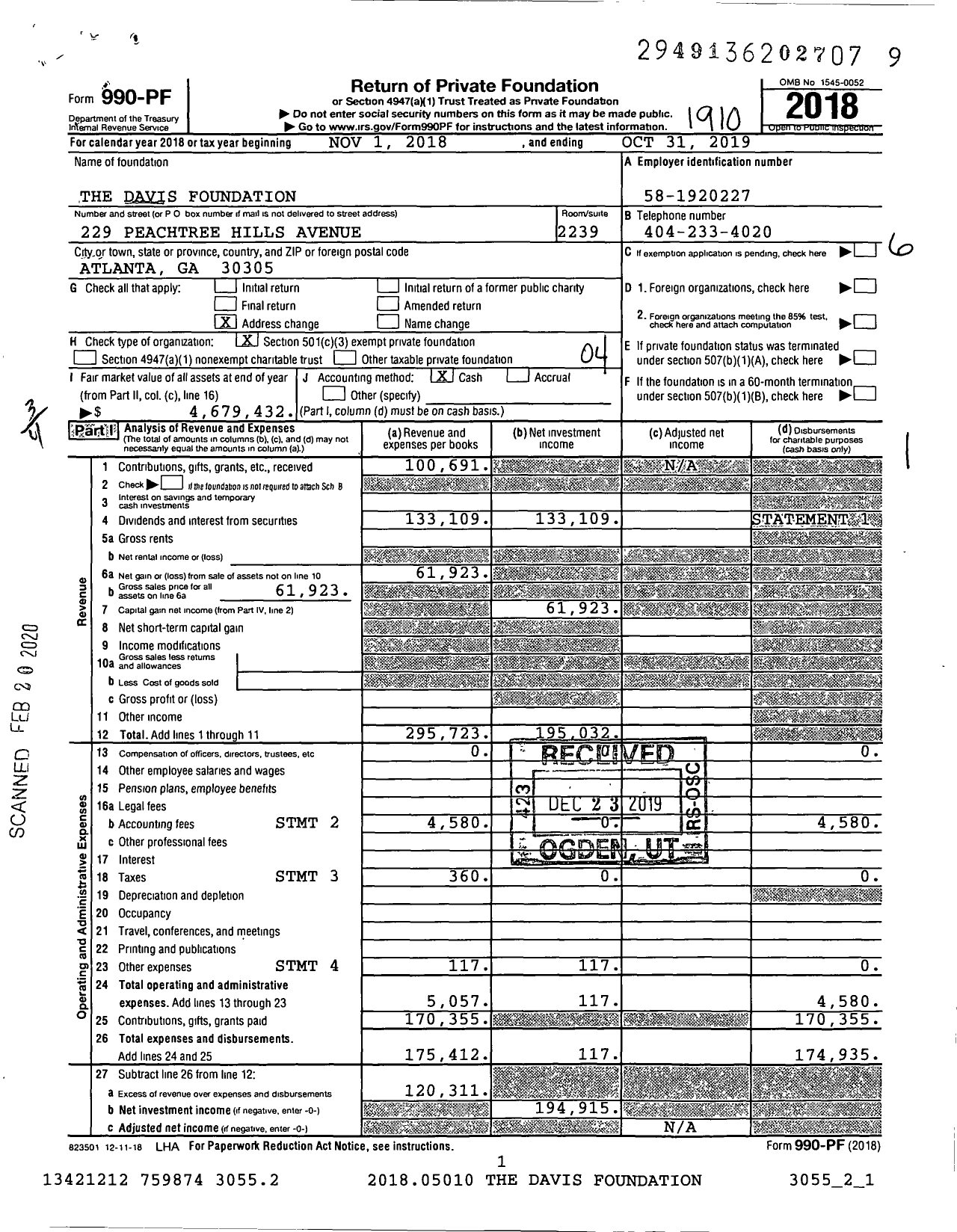 Image of first page of 2018 Form 990PF for The Davis Foundation