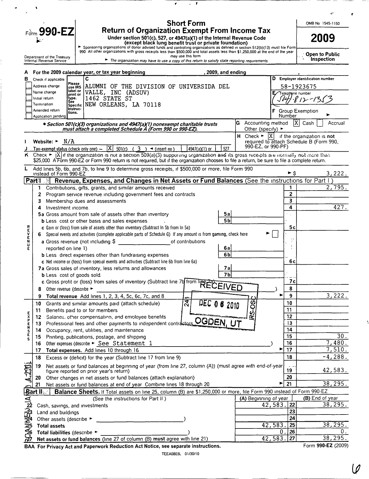 Image of first page of 2009 Form 990EZ for Alumni of the Universidad Del Valle Division de Salud