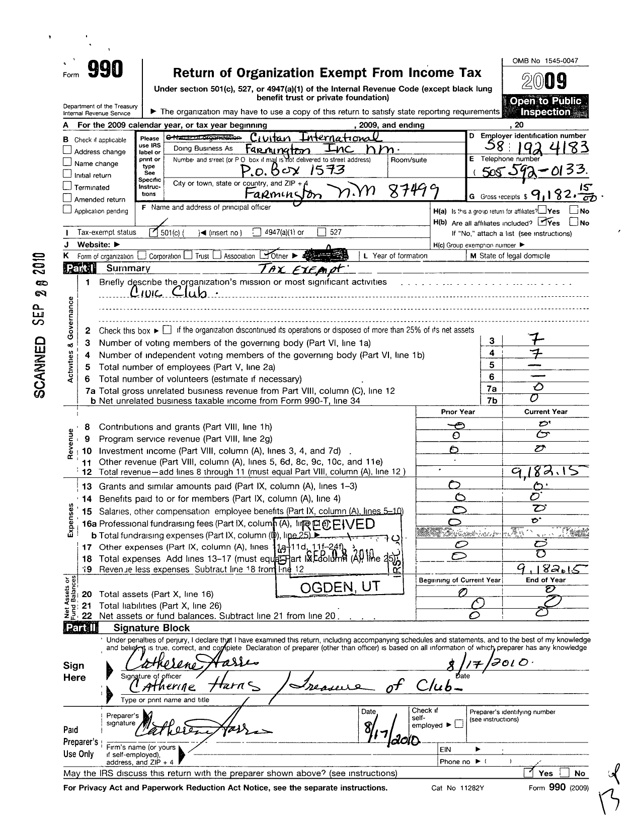 Image of first page of 2009 Form 990O for Civitan International / Farmington Inc NM