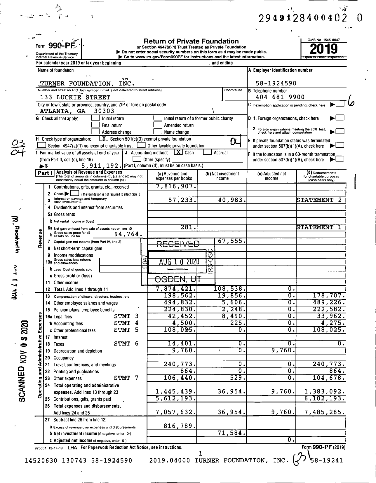 Image of first page of 2019 Form 990PF for Turner Foundation