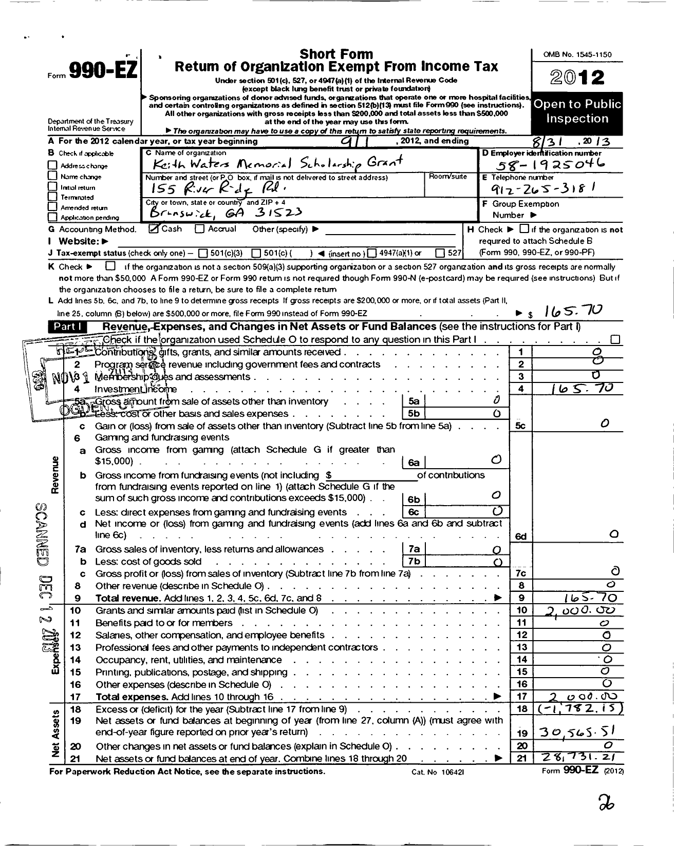 Image of first page of 2012 Form 990EO for Keith Waters Memorial Scholarship Grant