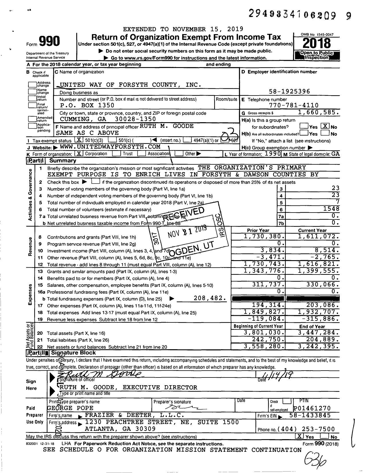 Image of first page of 2018 Form 990 for United Way of Forsyth County