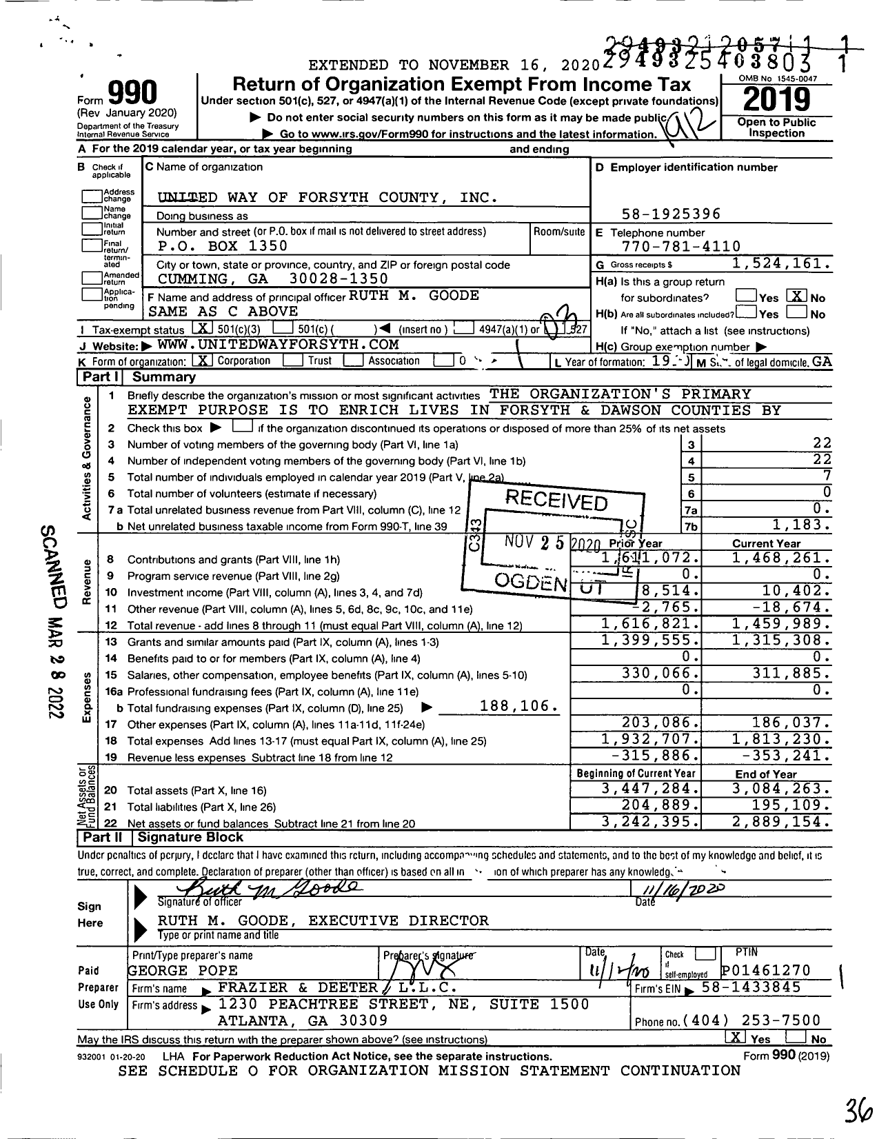 Image of first page of 2019 Form 990 for United Way of Forsyth County