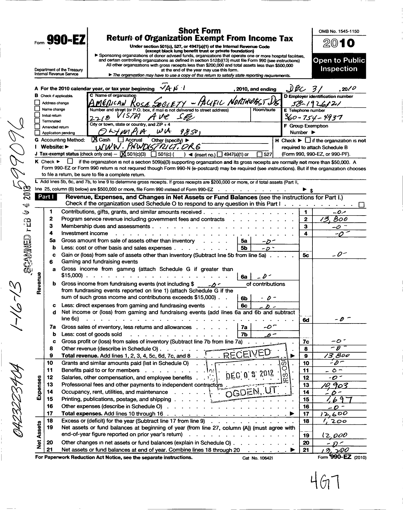 Image of first page of 2010 Form 990EZ for American Rose Society / Pacific Northwest District