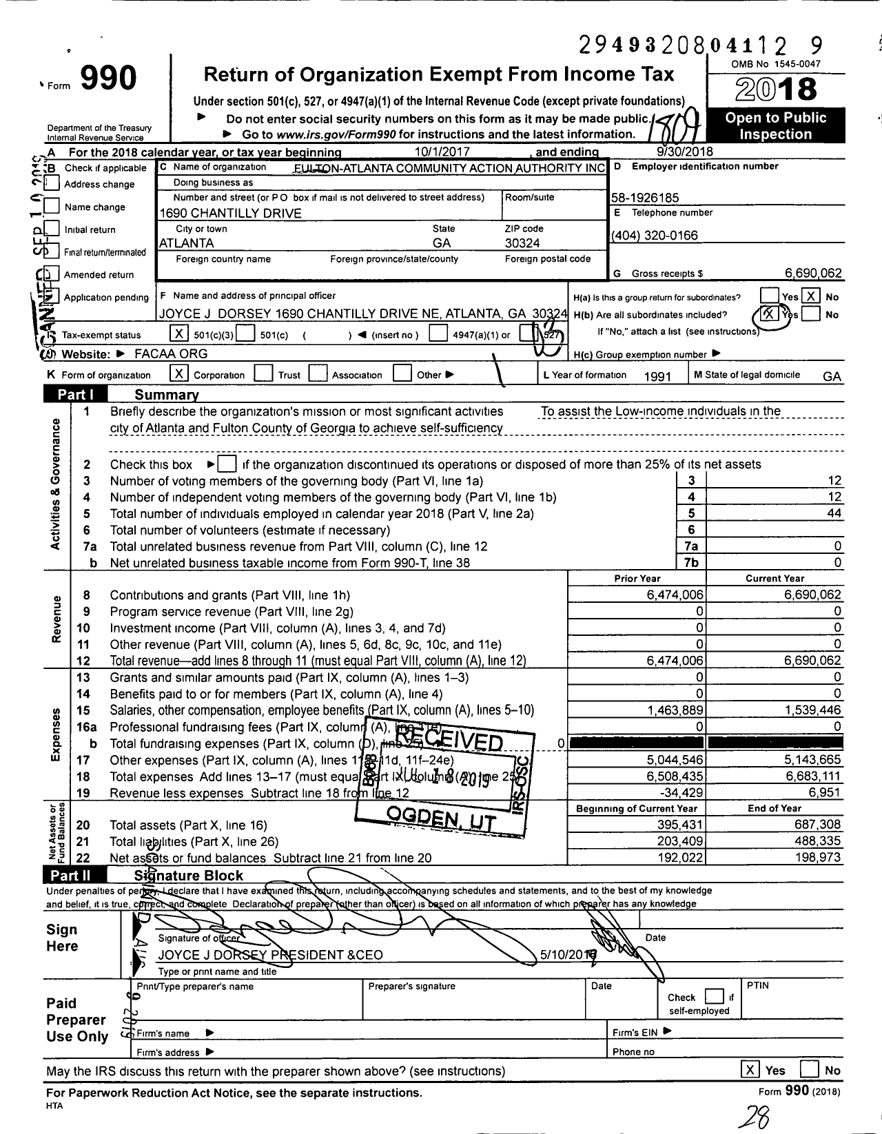 Image of first page of 2017 Form 990 for Fulton Atlanta Community Action Authority