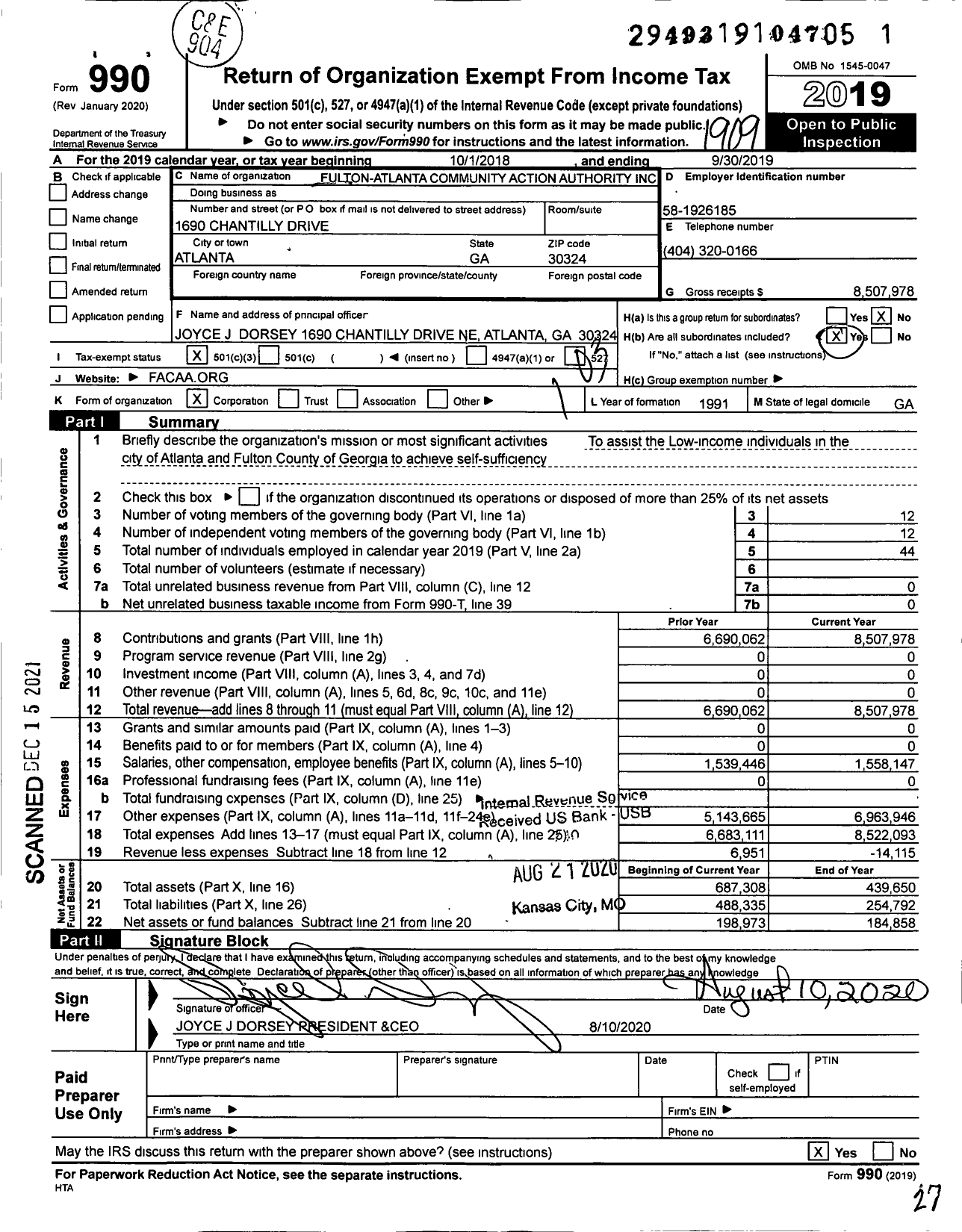 Image of first page of 2018 Form 990 for Fulton Atlanta Community Action Authority