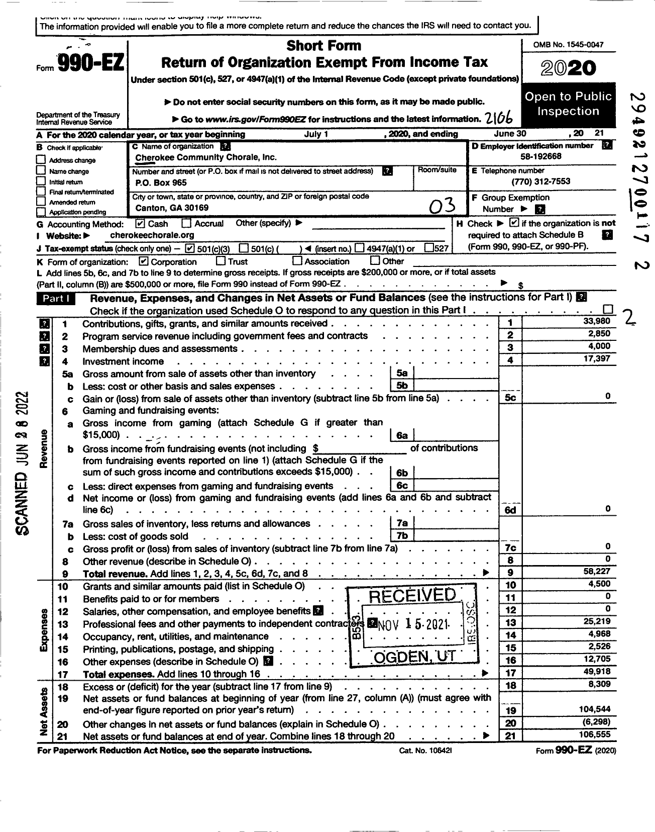 Image of first page of 2020 Form 990EZ for Cherokee Community Chorale