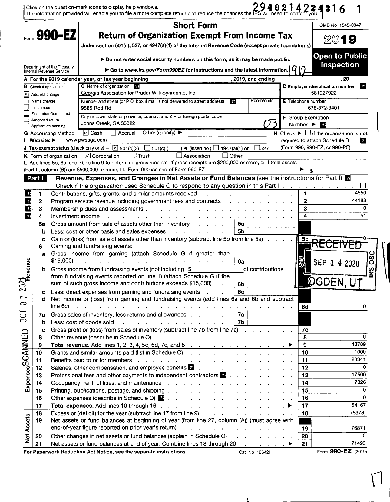 Image of first page of 2019 Form 990EZ for Georgia Association for Prader-Willi Syndrome