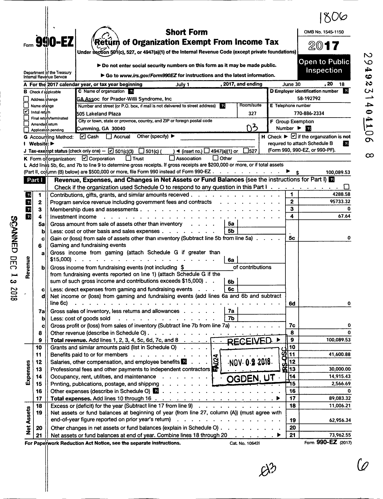 Image of first page of 2017 Form 990EZ for Georgia Association for Prader-Willi Syndrome