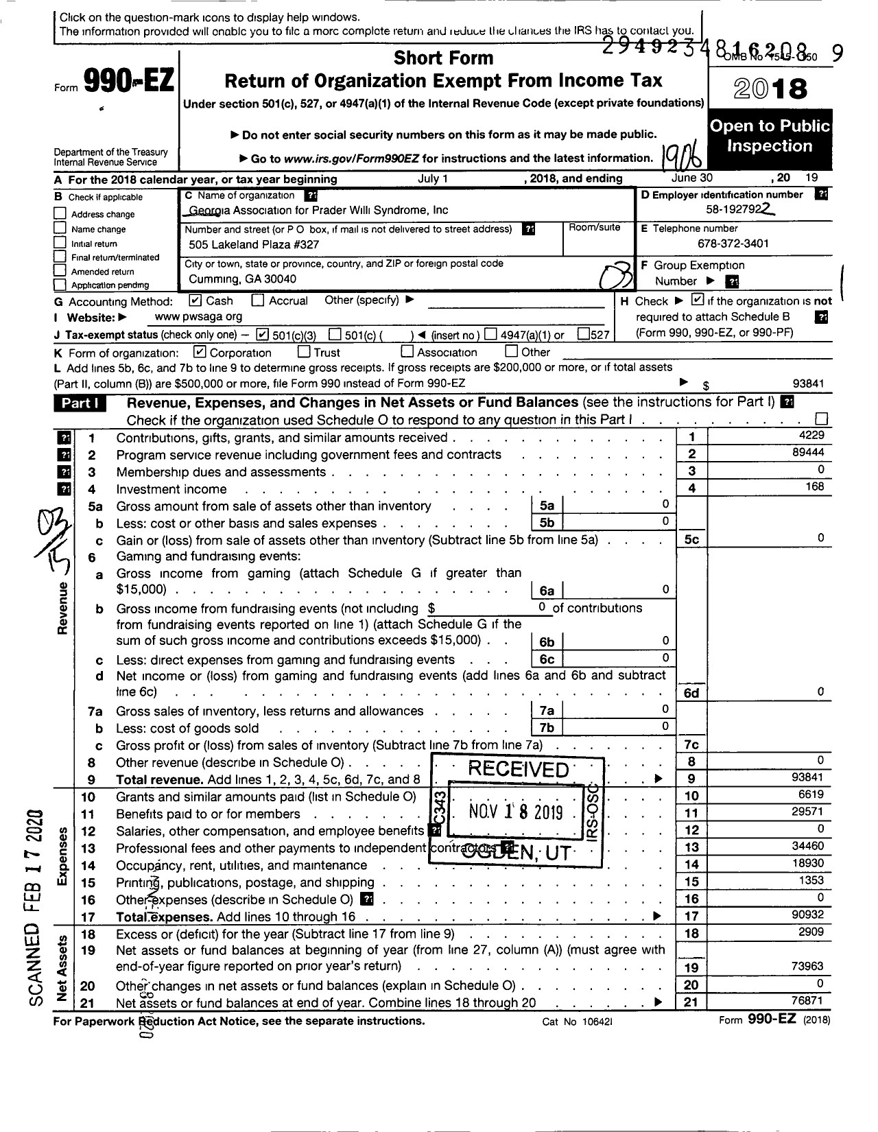 Image of first page of 2018 Form 990EZ for Georgia Association for Prader-Willi Syndrome