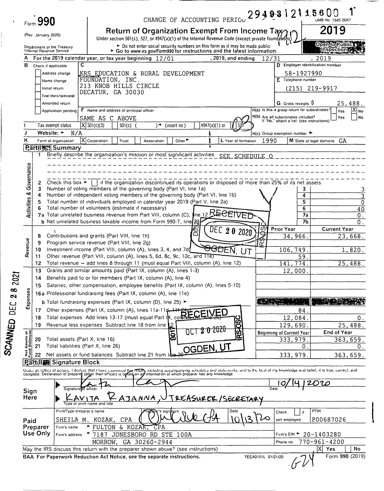 Image of first page of 2019 Form 990 for KRS Education and Rural Development Foundation