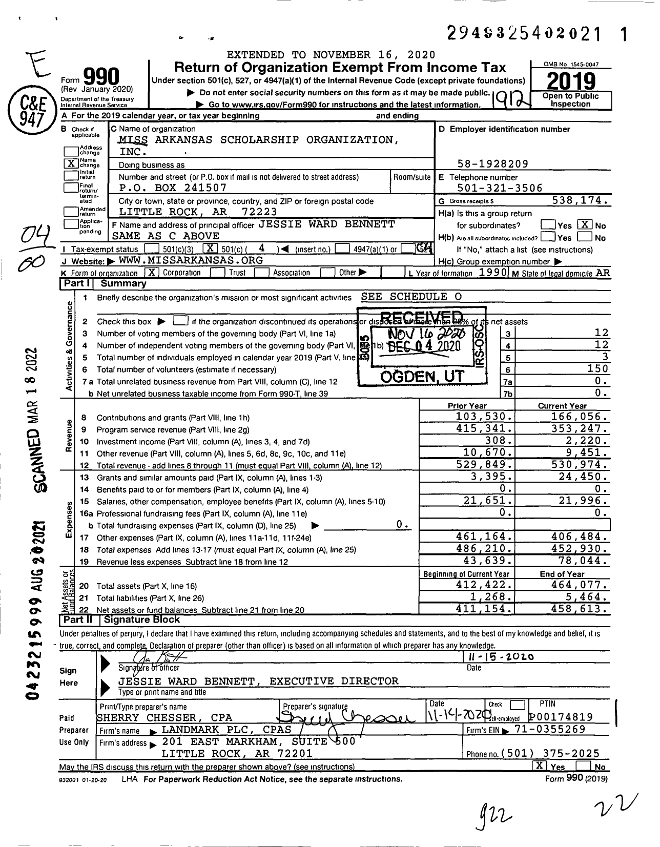 Image of first page of 2019 Form 990O for Miss Arkansas Scholarship Organization