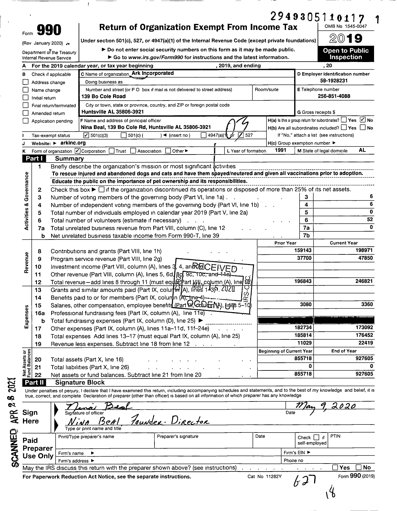 Image of first page of 2019 Form 990 for Ark Incorporated