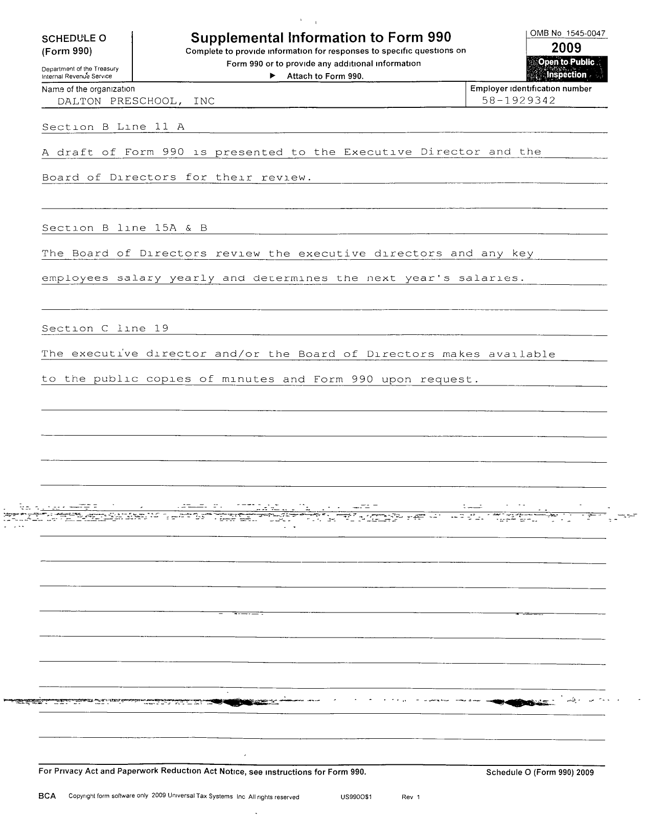 Image of first page of 2009 Form 990R for Dalton Preschool