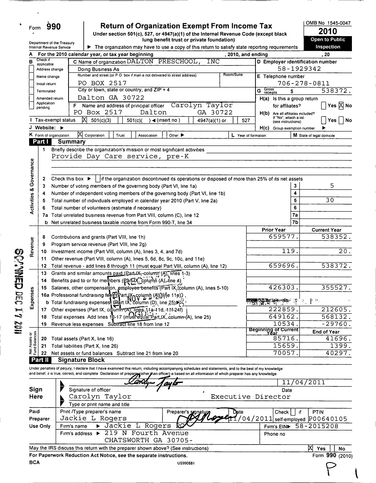 Image of first page of 2010 Form 990 for Dalton Preschool