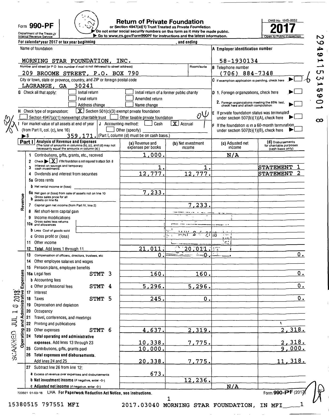 Image of first page of 2017 Form 990PF for Morning Star Foundation