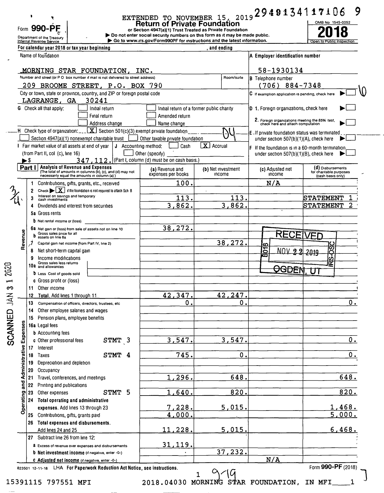 Image of first page of 2018 Form 990PF for Morning Star Foundation