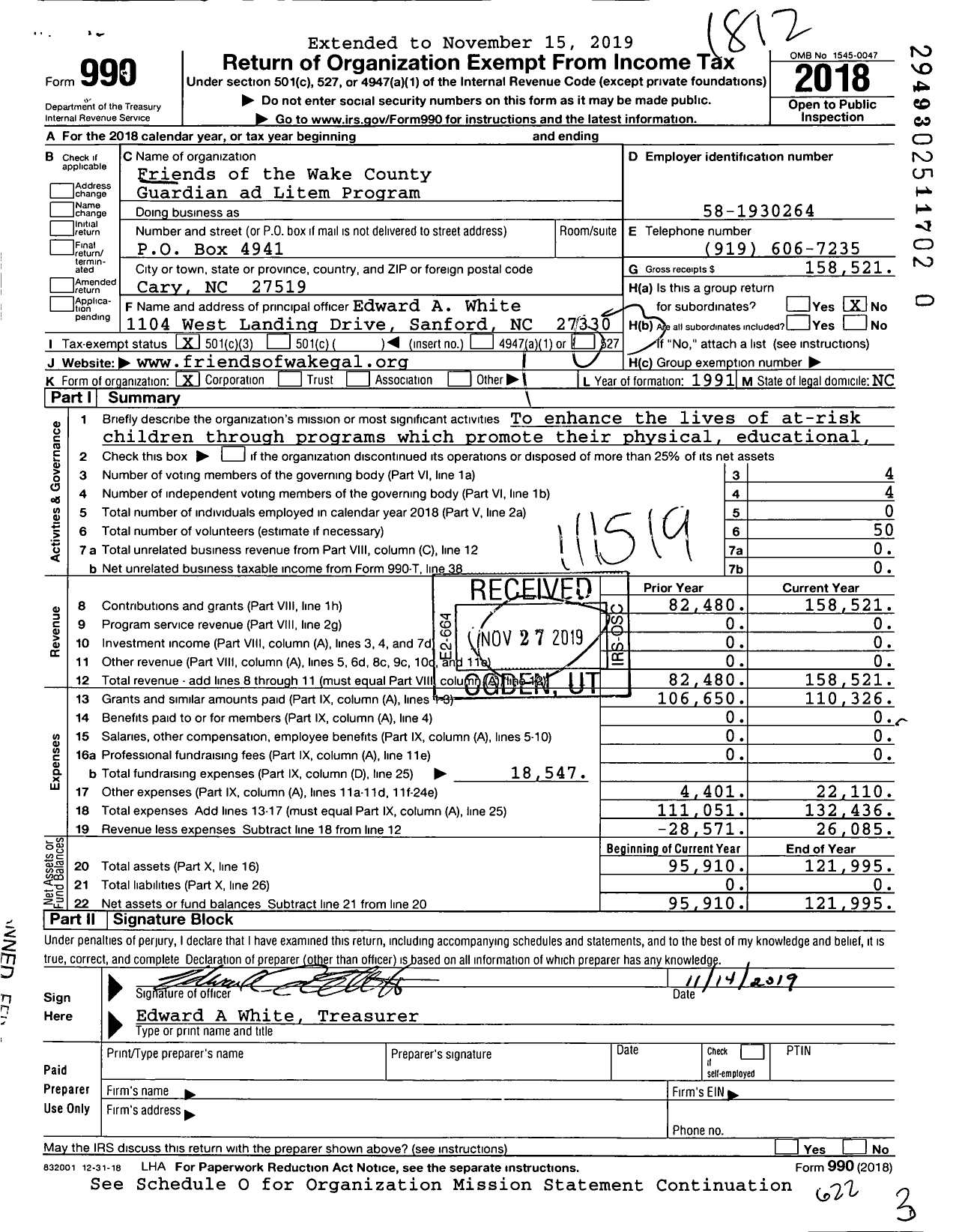 Image of first page of 2018 Form 990 for Friends of the Wake County Guardian ad Litem Program