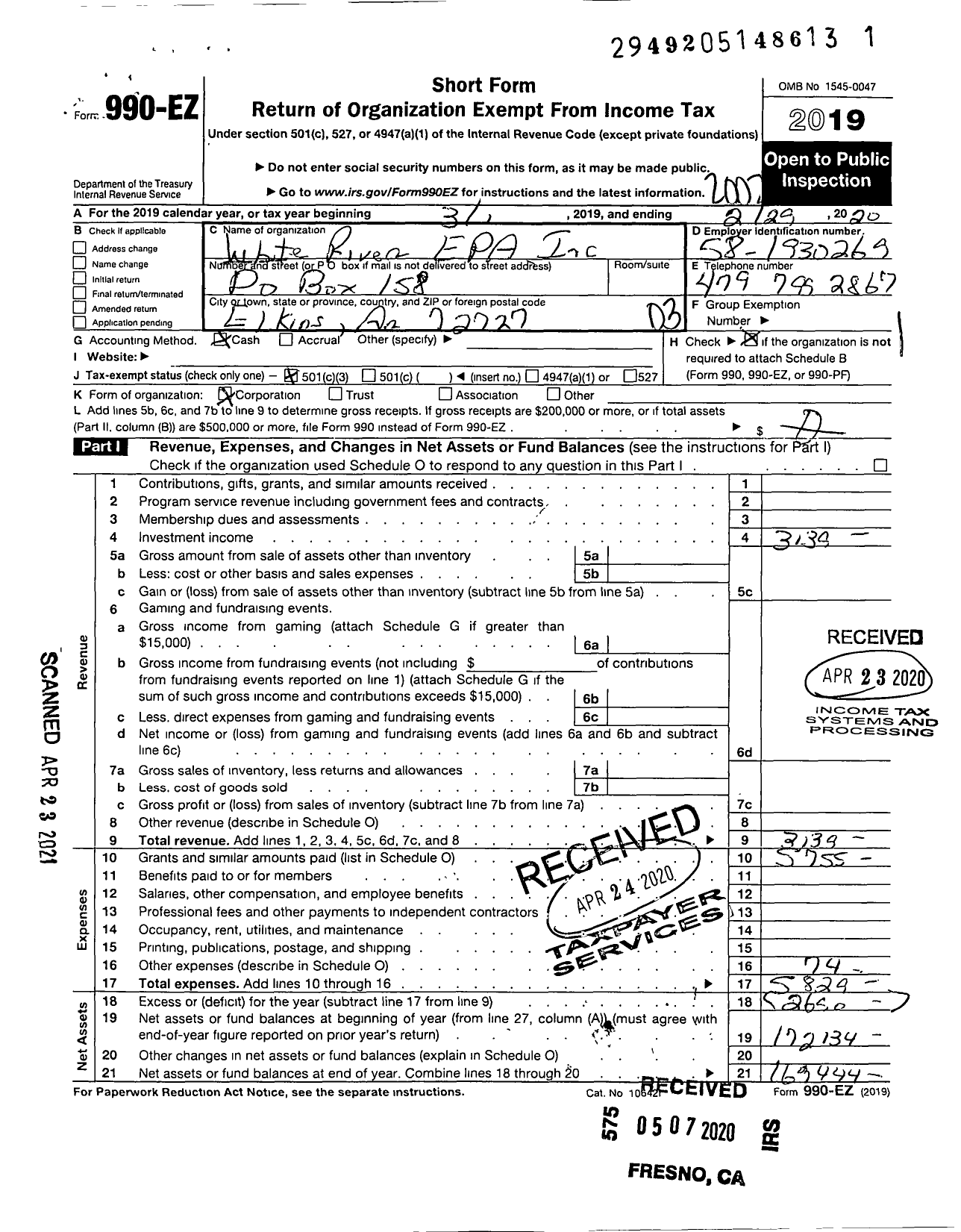 Image of first page of 2019 Form 990EZ for White River EPA