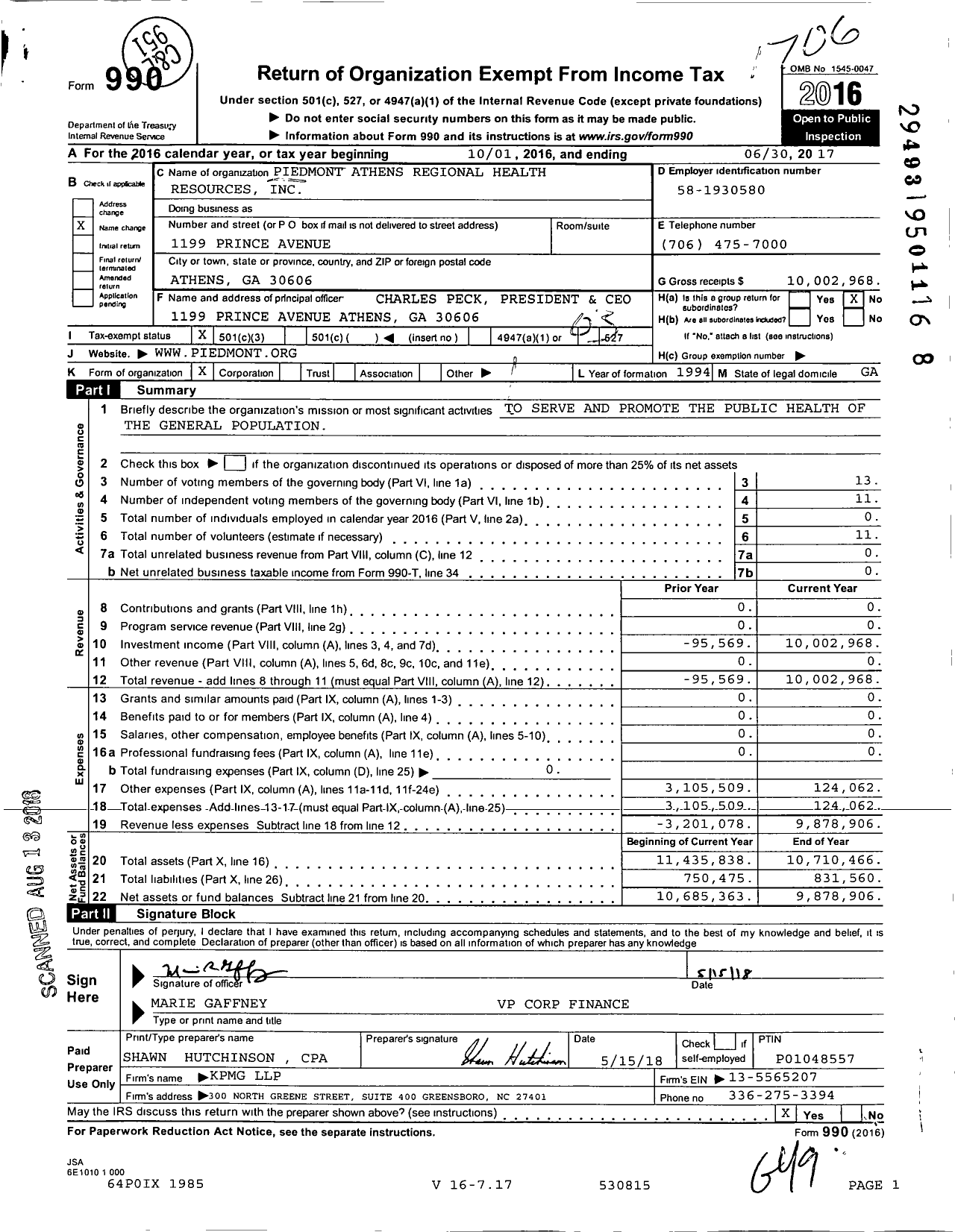 Image of first page of 2016 Form 990 for Piedmont Athens Regional Health Resources