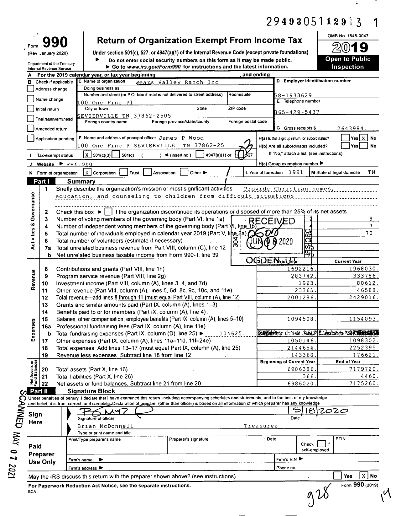 Image of first page of 2019 Form 990 for Wears Valley Ranch