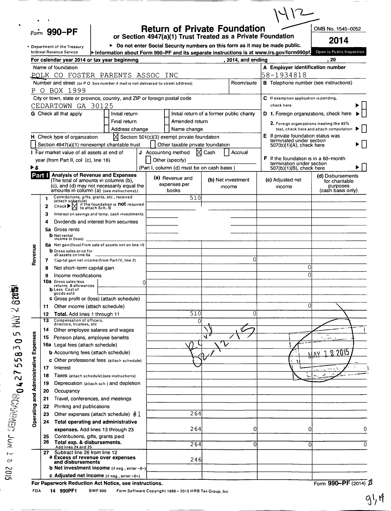 Image of first page of 2014 Form 990PF for Polk Foster Parents Association