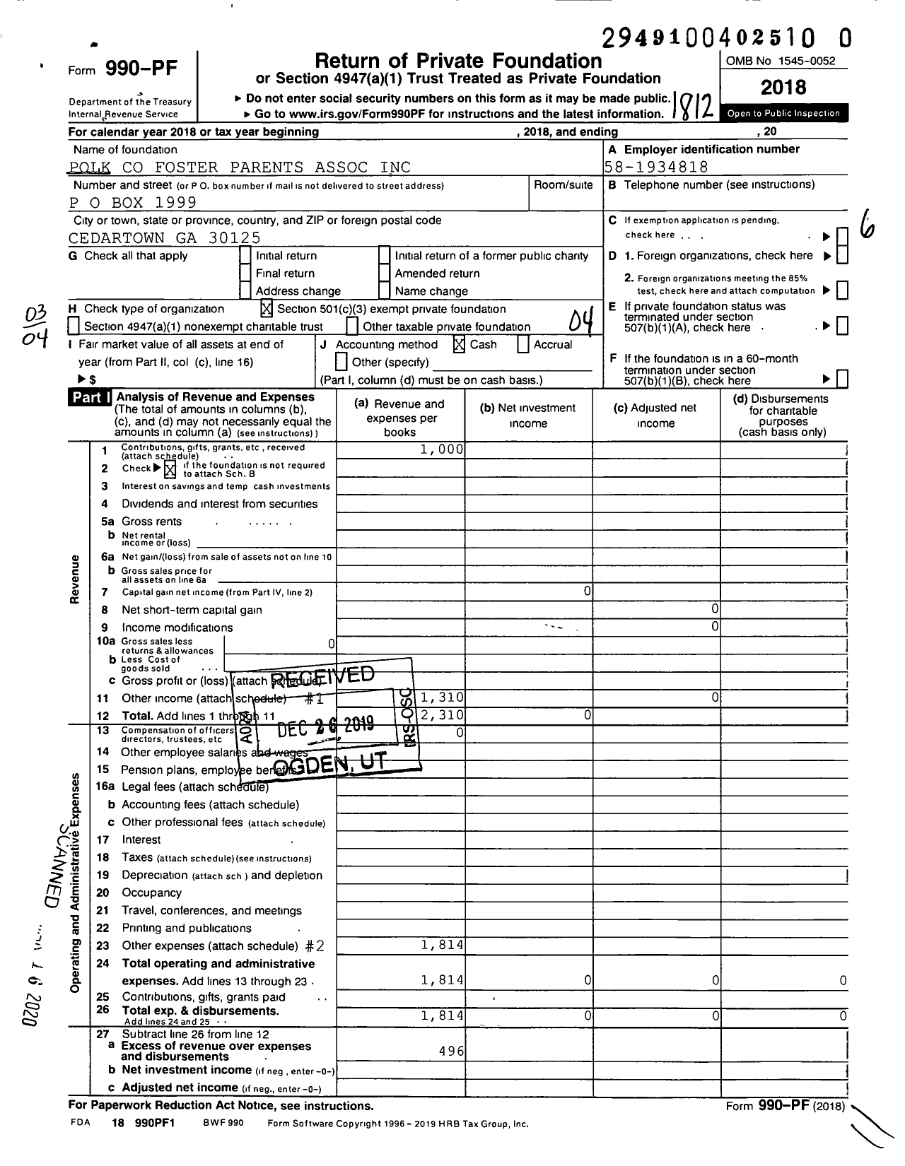 Image of first page of 2018 Form 990PR for Polk Foster Parents Association