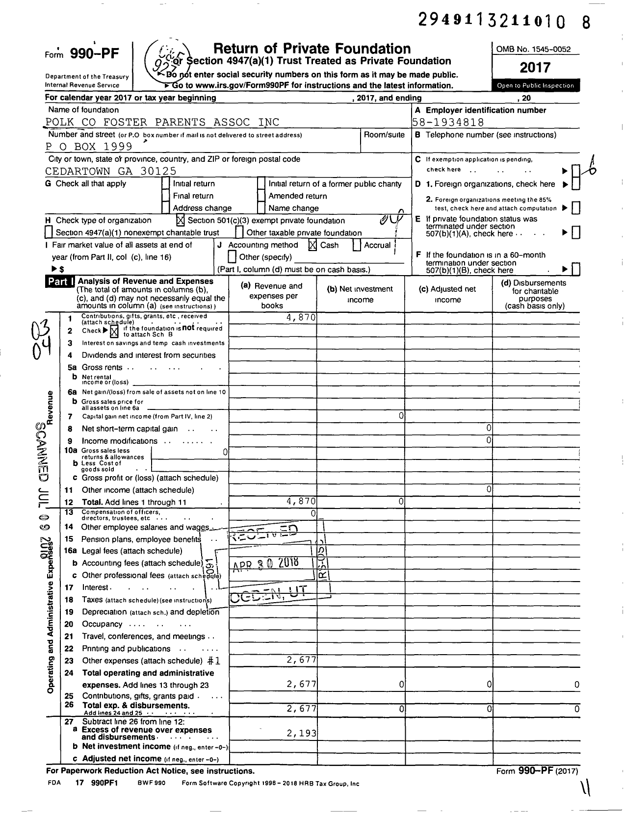 Image of first page of 2017 Form 990PF for Polk Foster Parents Association