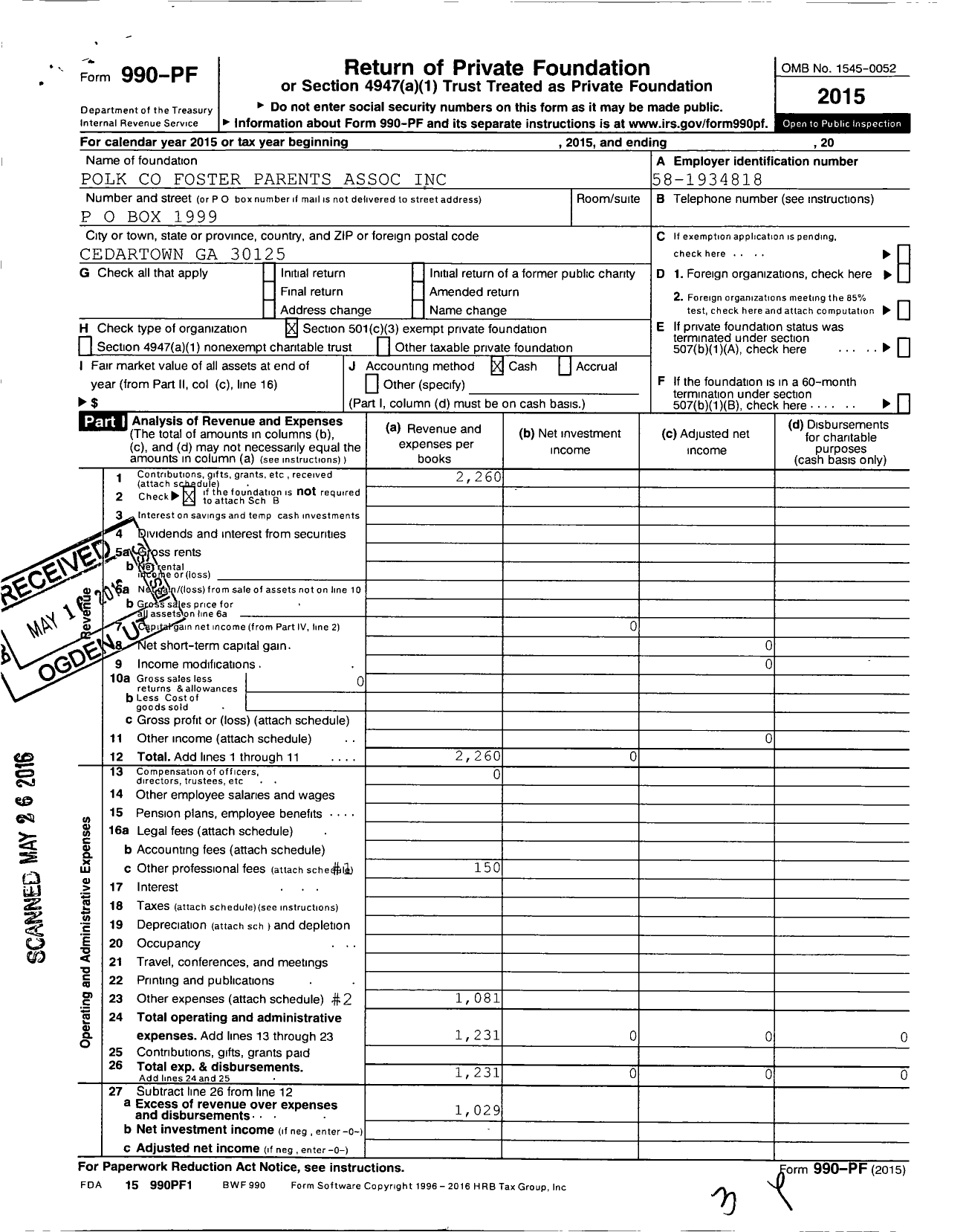 Image of first page of 2015 Form 990PF for Polk Foster Parents Association