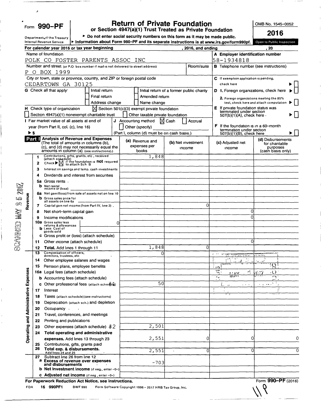 Image of first page of 2016 Form 990PF for Polk Foster Parents Association