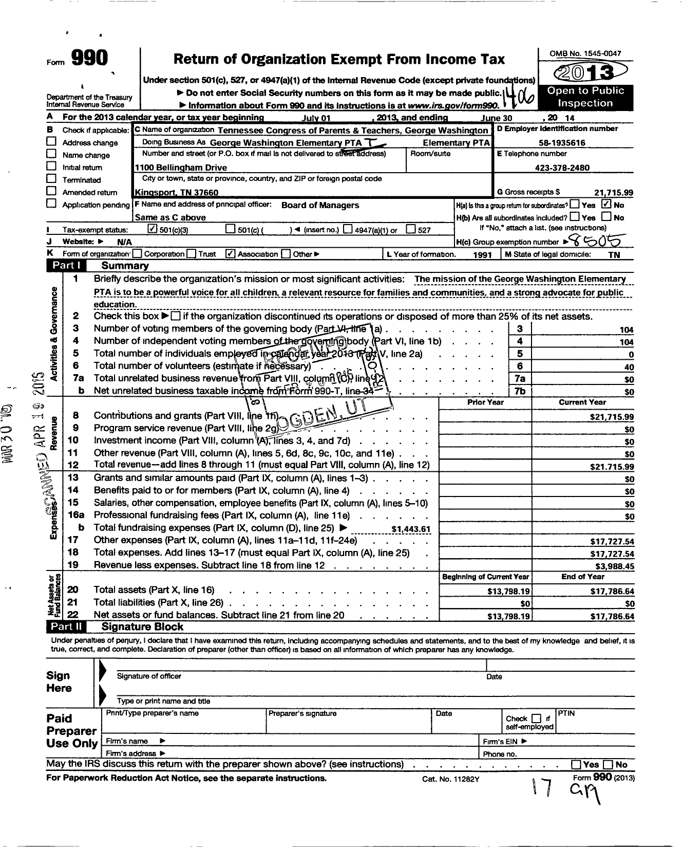 Image of first page of 2013 Form 990 for PTA Tennessee Congress of Parents and Teachers / George Washington Elementary PTA