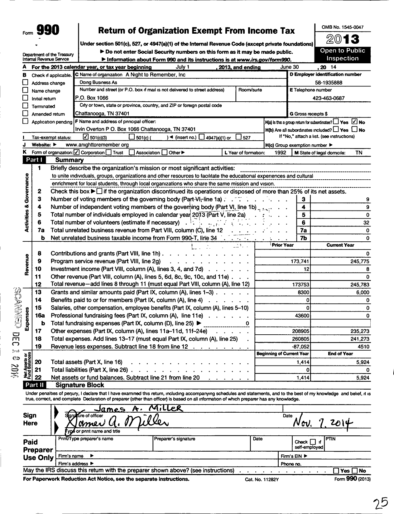 Image of first page of 2013 Form 990 for A Night To Remember