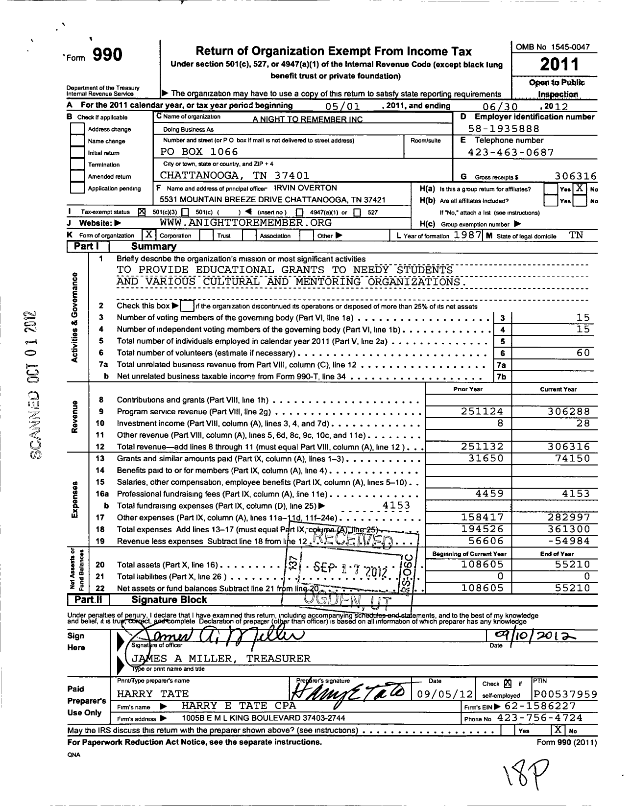 Image of first page of 2011 Form 990 for A Night To Remember