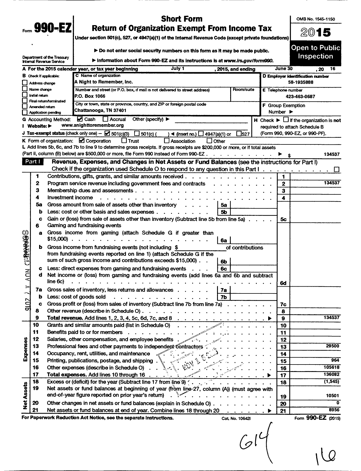 Image of first page of 2015 Form 990EZ for A Night To Remember