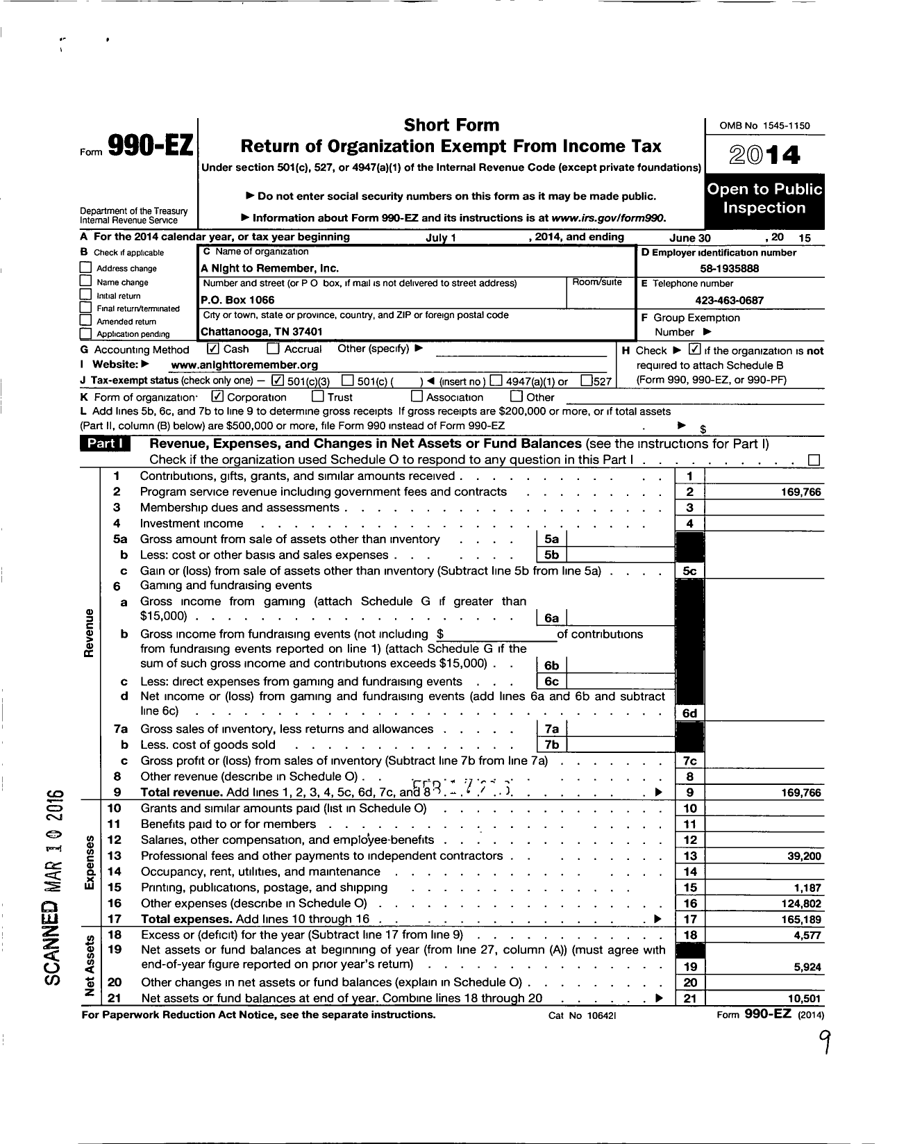 Image of first page of 2014 Form 990EZ for A Night To Remember