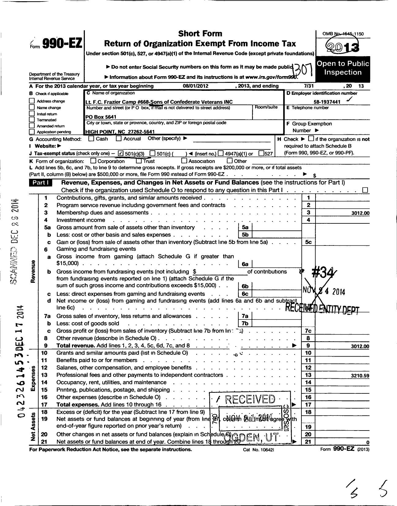 Image of first page of 2012 Form 990EZ for Sons of Confederate Veterans - LT FC Frazier Camp 668