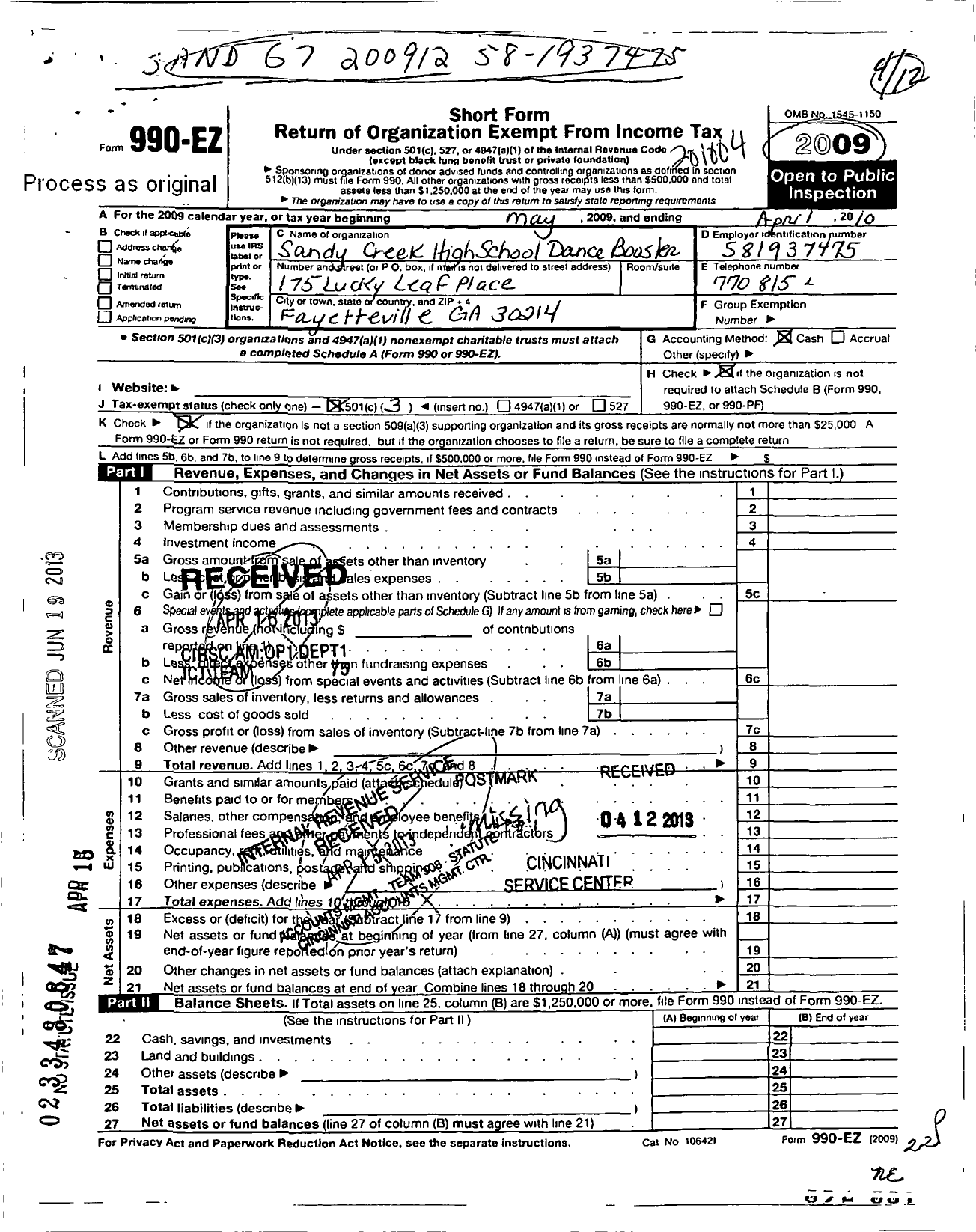 Image of first page of 2009 Form 990EZ for Sandy Creek High School Athletic Booster Club