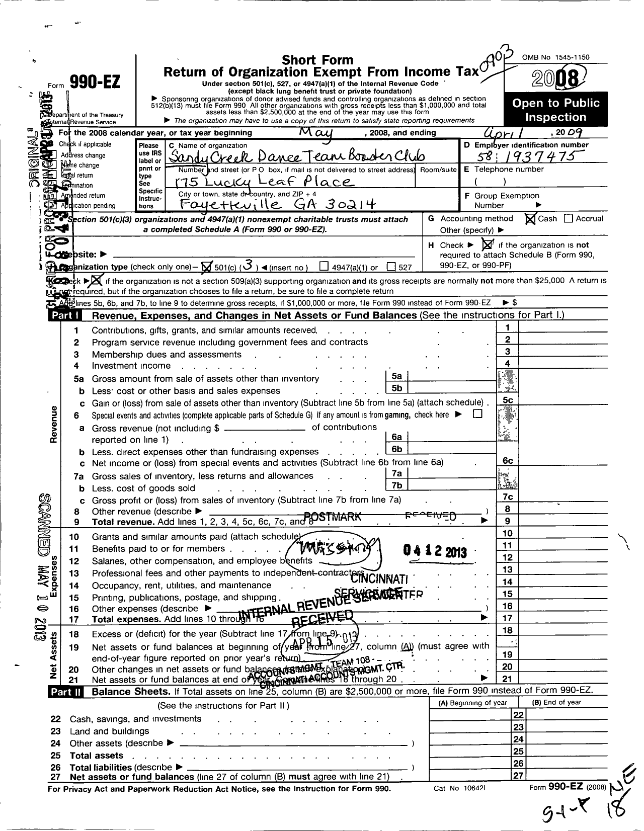 Image of first page of 2008 Form 990EZ for Sandy Creek High School Athletic Booster Club