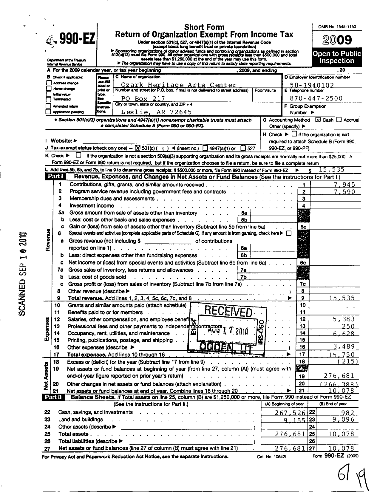 Image of first page of 2009 Form 990EZ for Ozark Heritage Arts Center