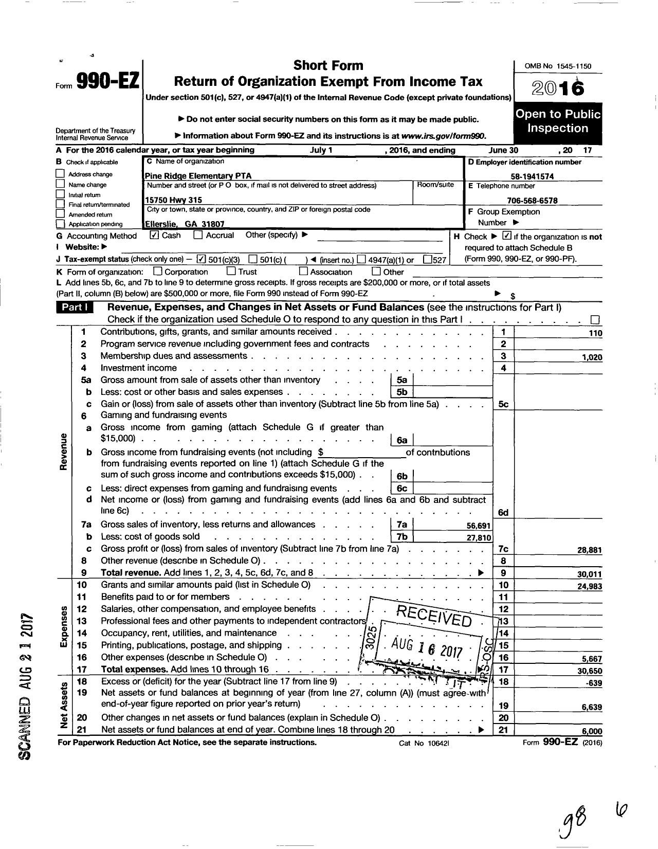 Image of first page of 2016 Form 990EZ for Georgia PTA - Pine Ridge Es PTA Ellerslie