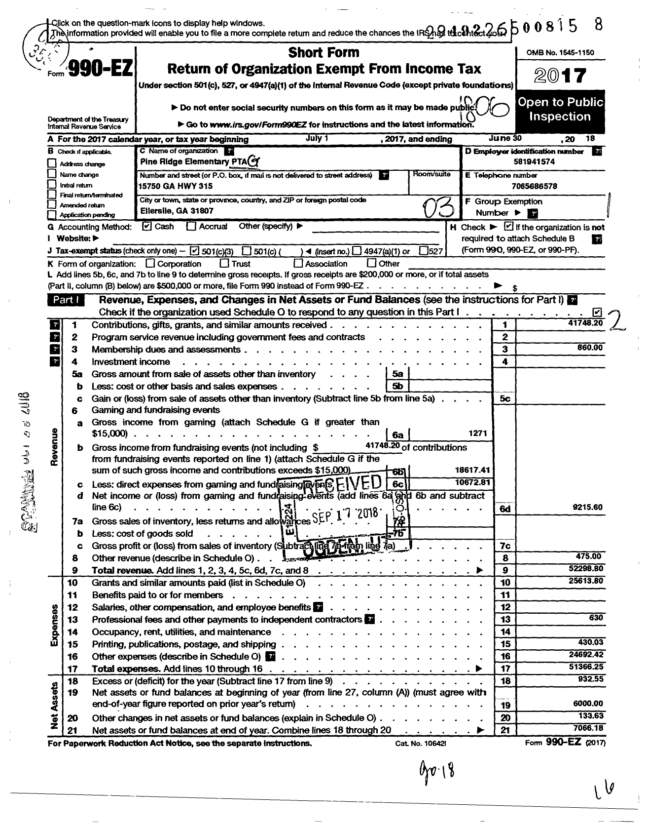 Image of first page of 2017 Form 990EZ for Georgia PTA - Pine Ridge Es PTA Ellerslie