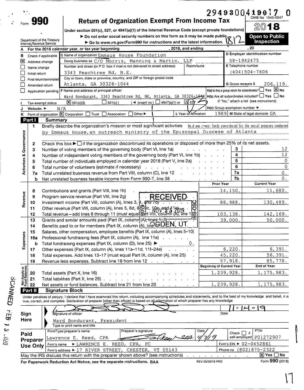 Image of first page of 2018 Form 990 for Emmaus House Foundation