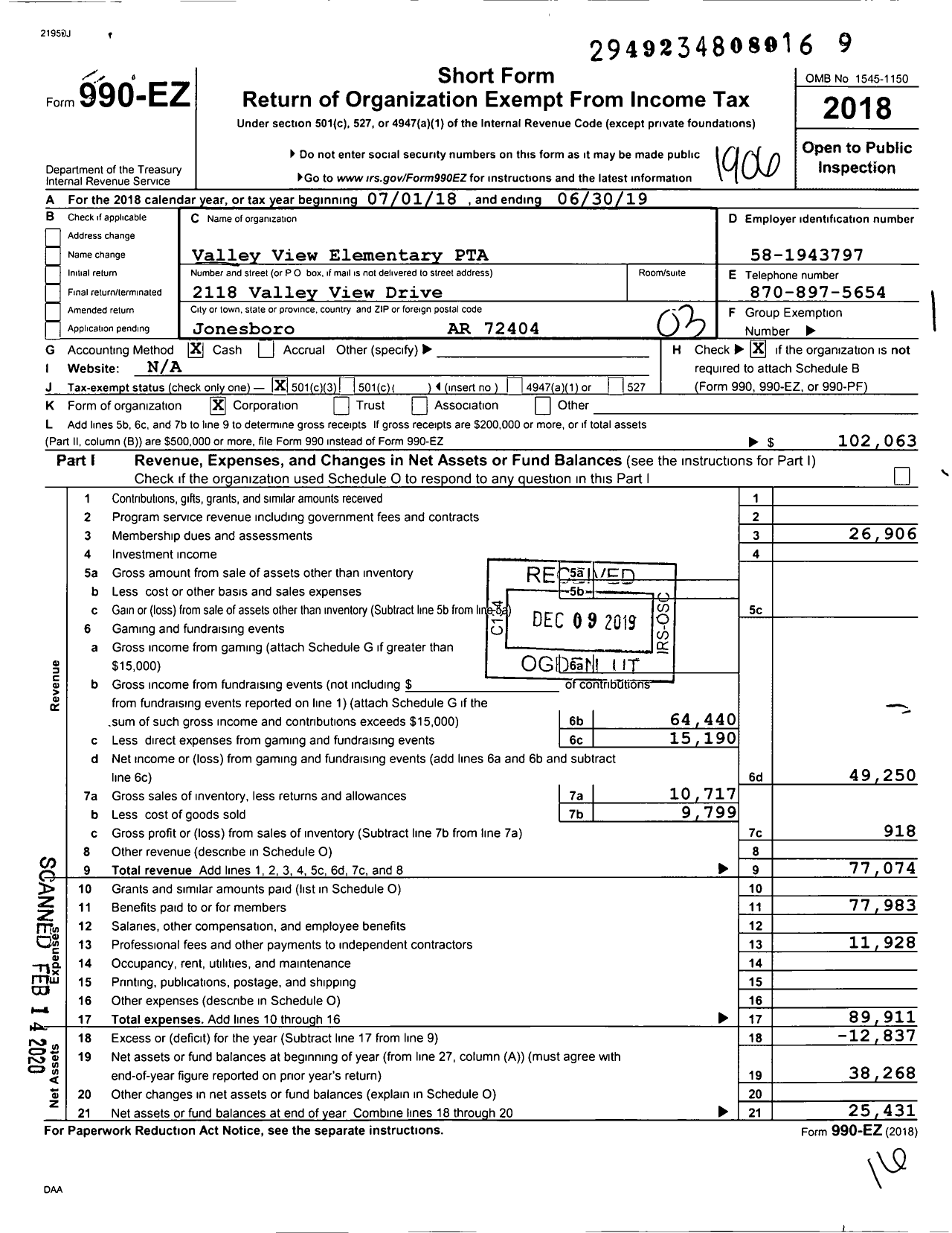 Image of first page of 2018 Form 990EZ for Valley View Elementary PTA