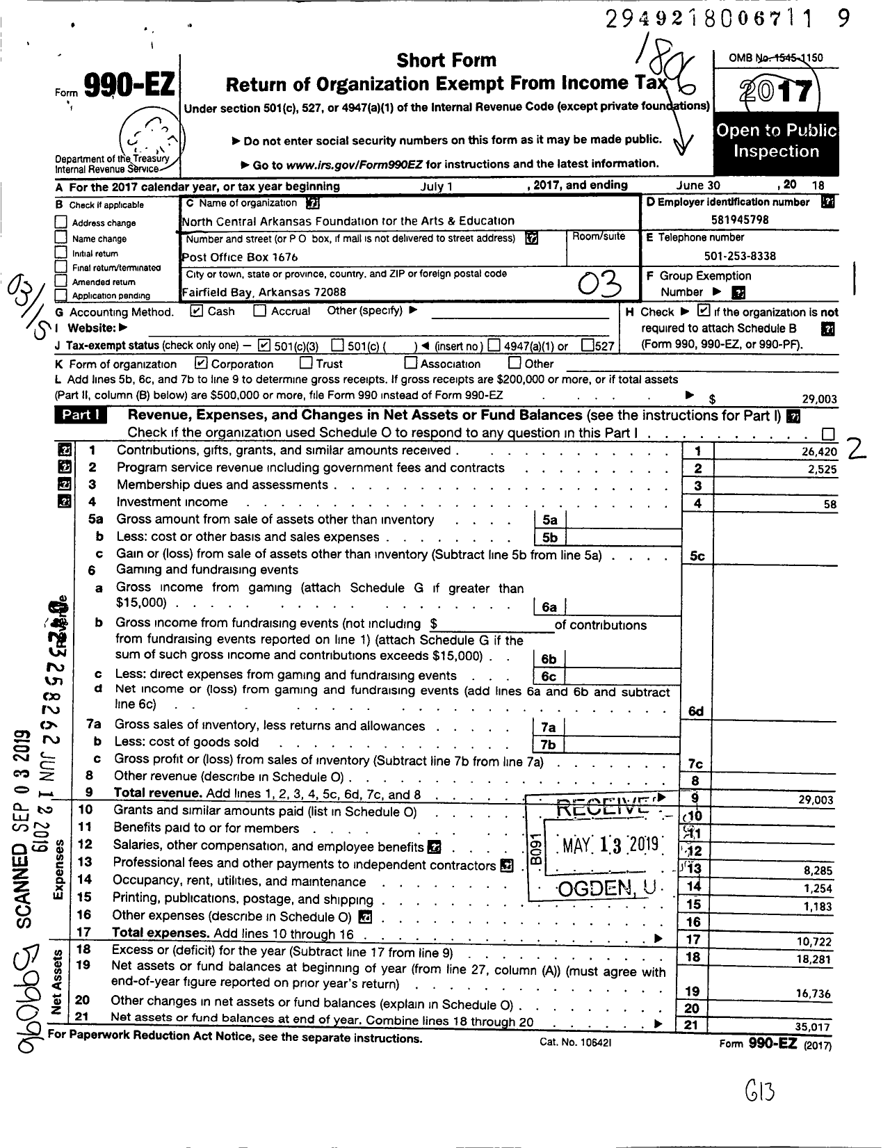 Image of first page of 2017 Form 990EZ for North Central Arkansas Foundation For the Arts and Education