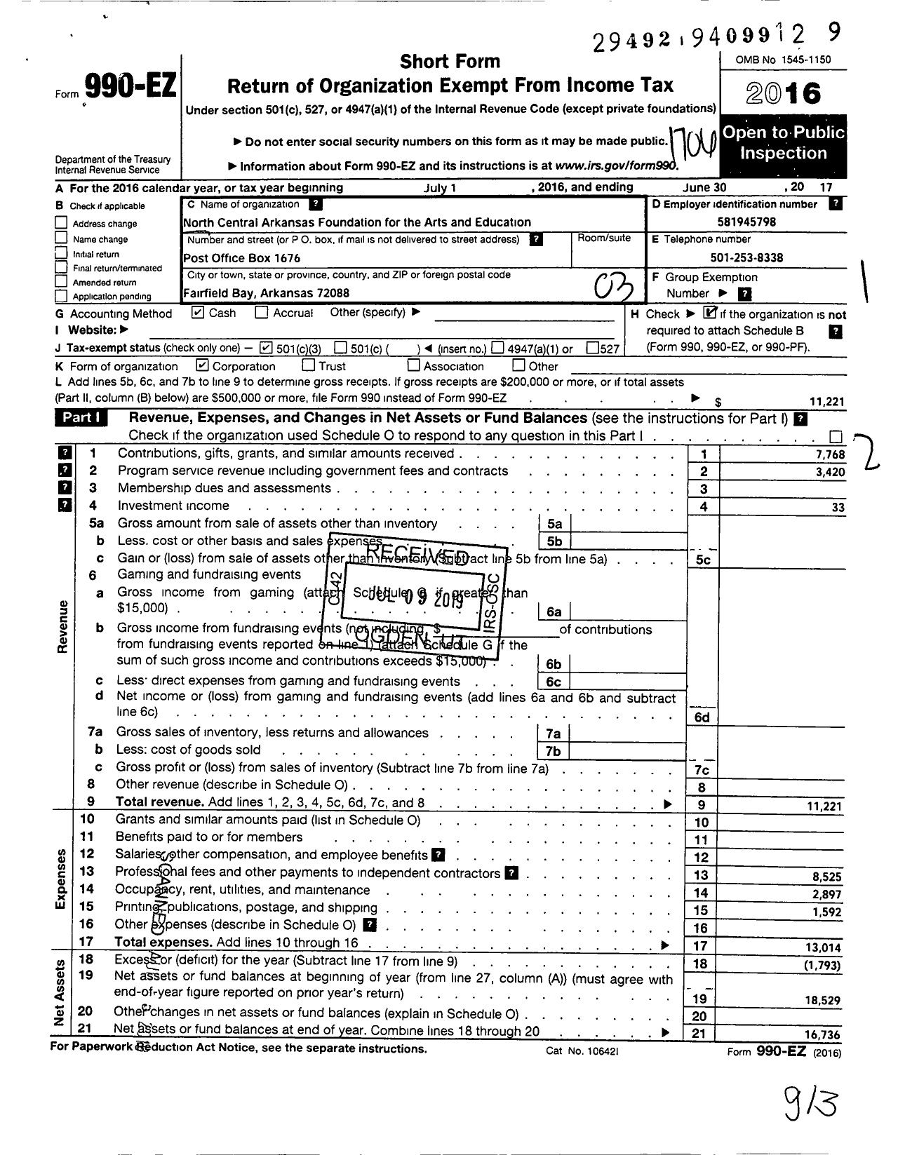 Image of first page of 2016 Form 990EZ for North Central Arkansas Foundation For the Arts and Education