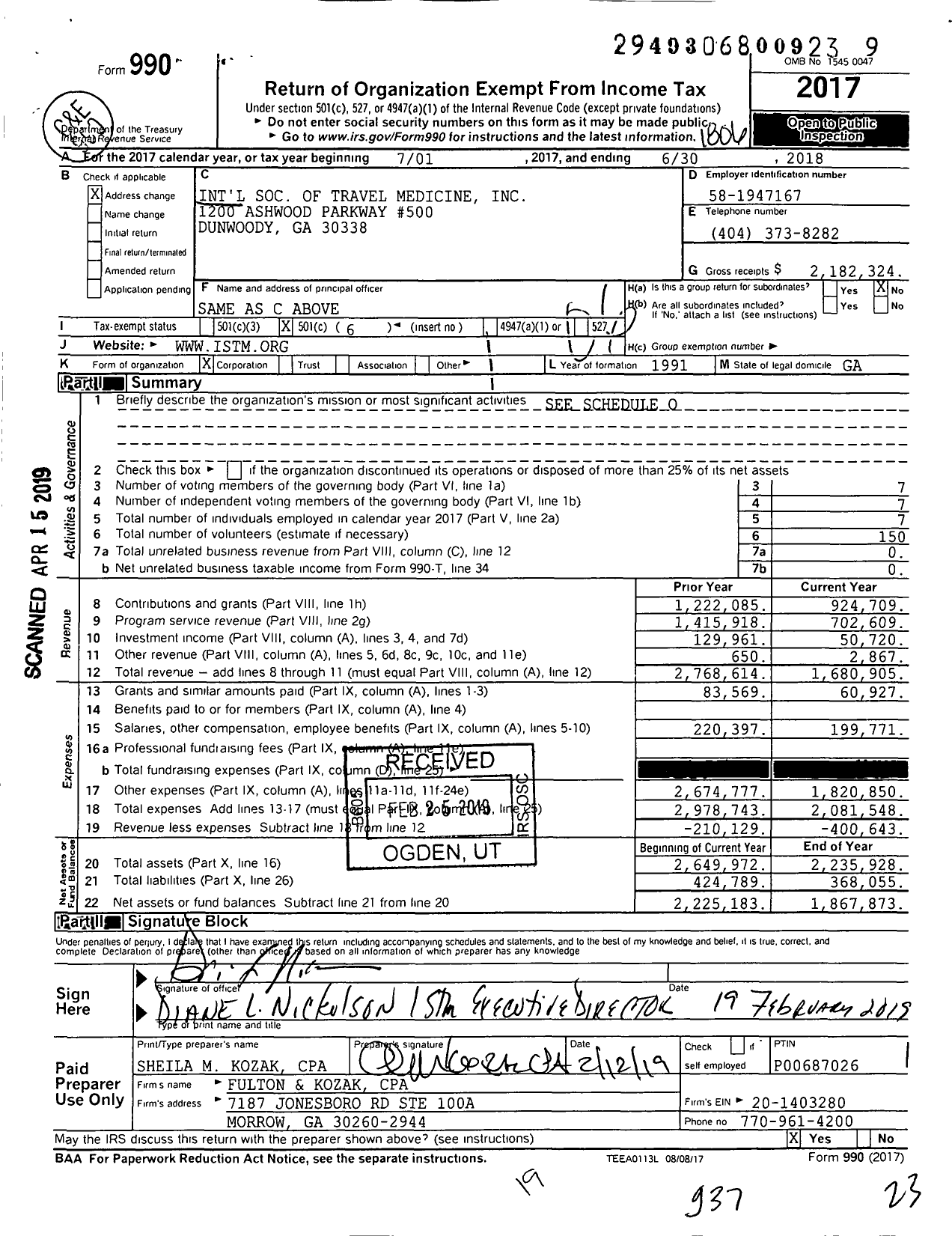 Image of first page of 2017 Form 990O for International Society of Travel Medicine (ISTM)