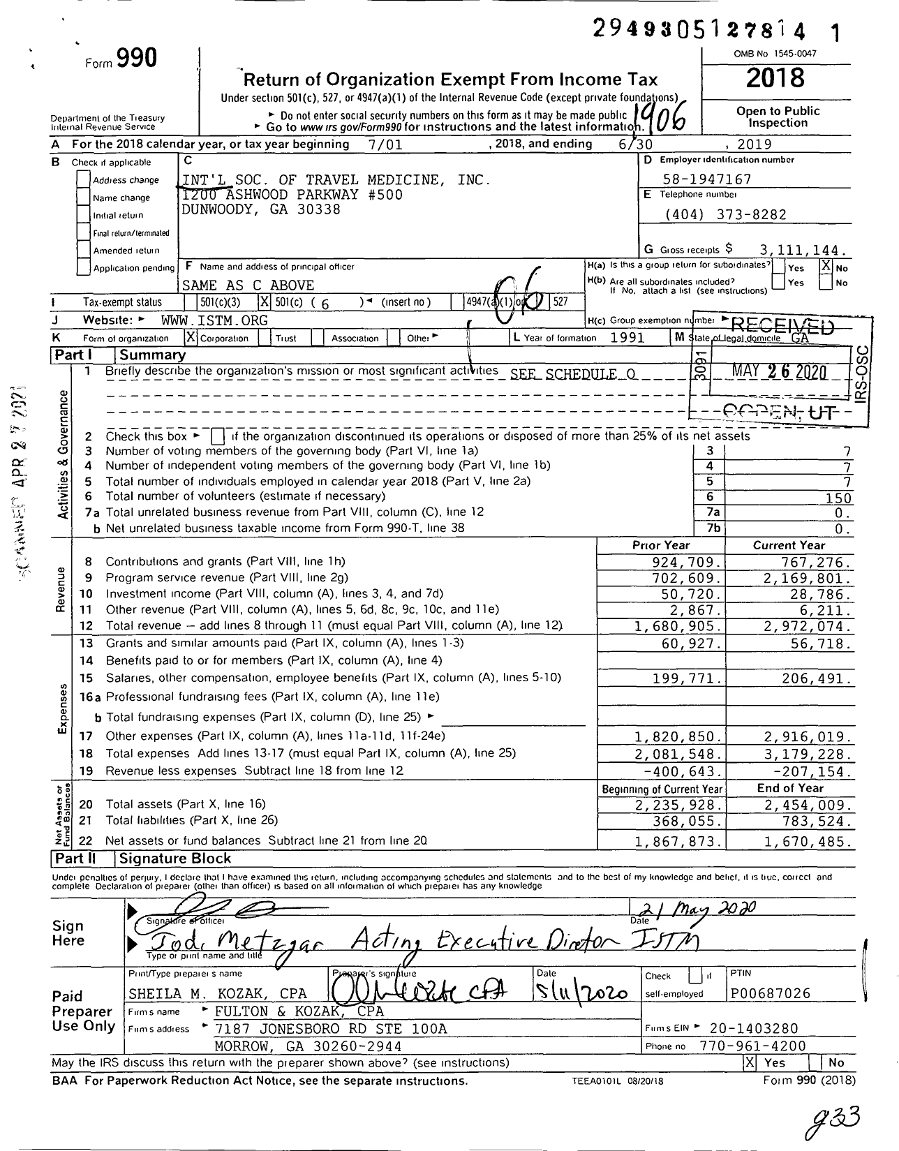 Image of first page of 2018 Form 990O for International Society of Travel Medicine (ISTM)