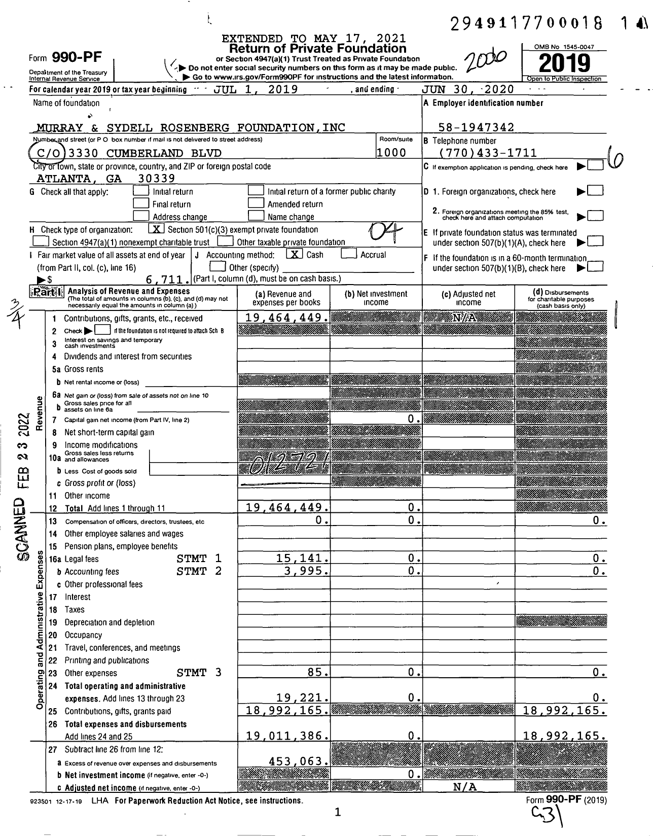 Image of first page of 2019 Form 990PF for Murray and Sydell Rosenberg Foundation