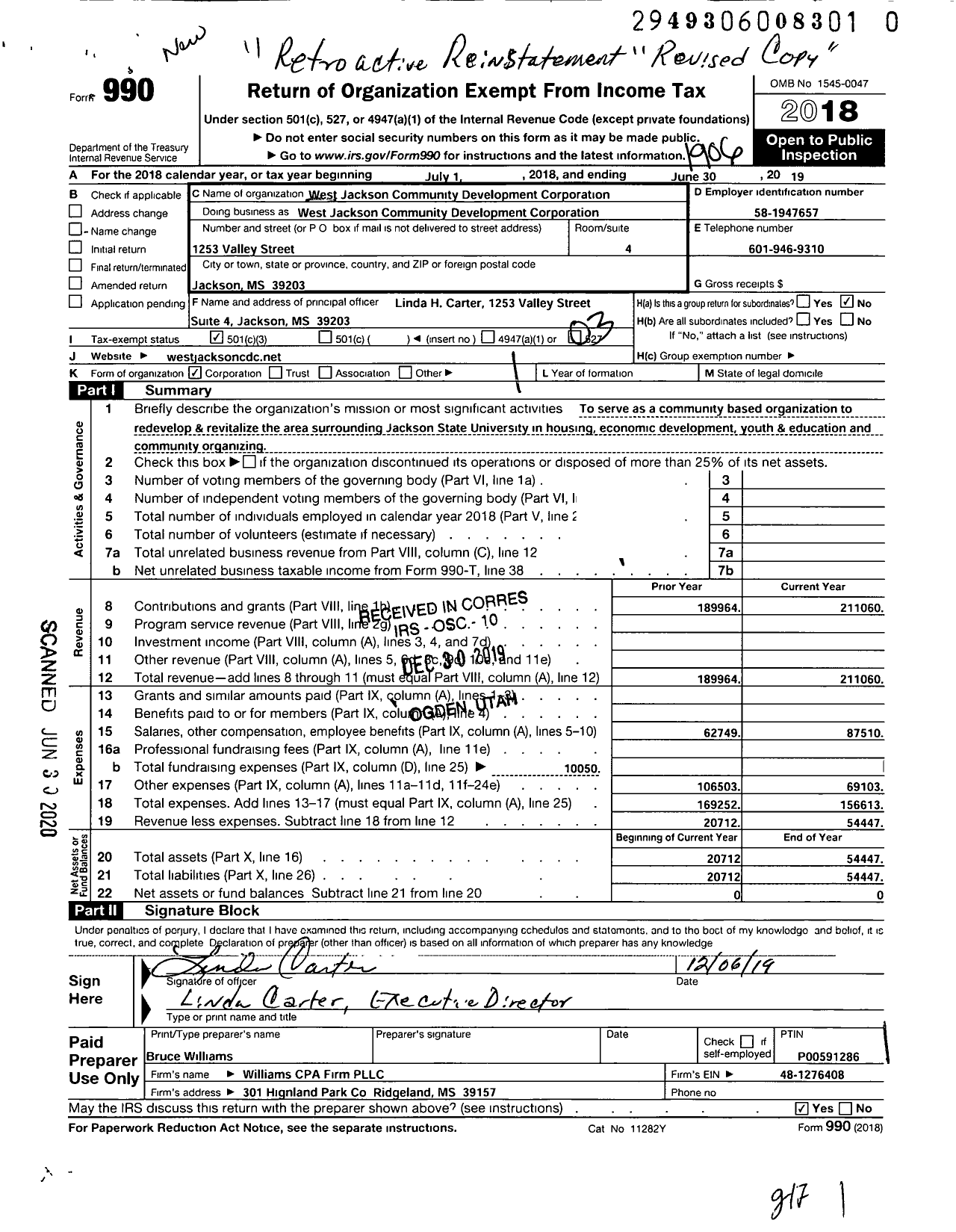 Image of first page of 2018 Form 990 for West Jackson Community Develop