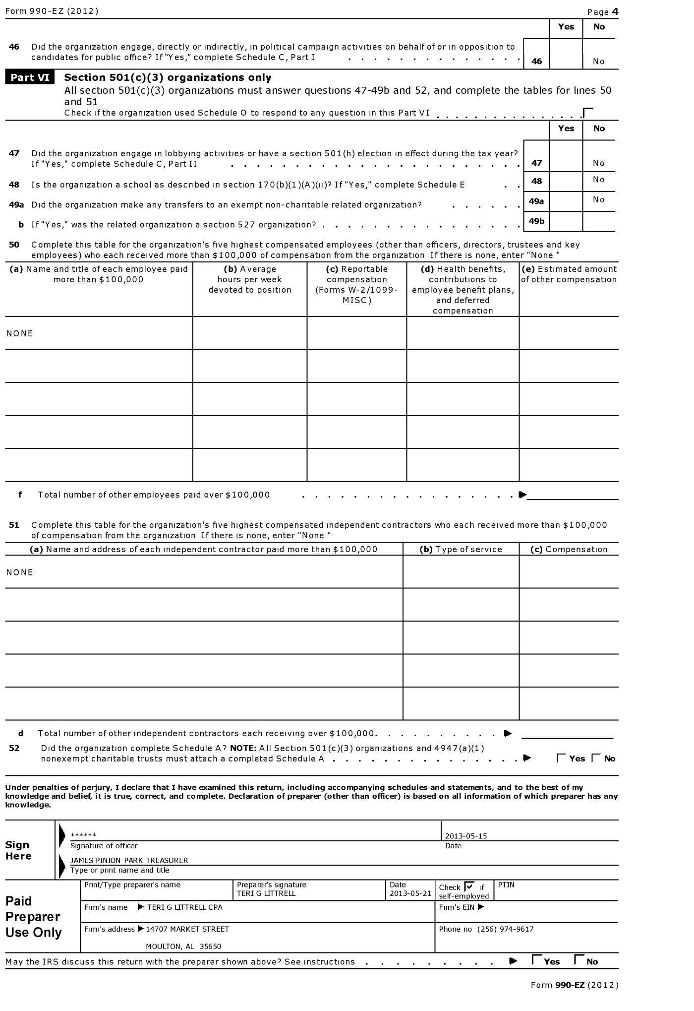 Image of first page of 2012 Form 990EZ for Jesse Owens Memorial Park